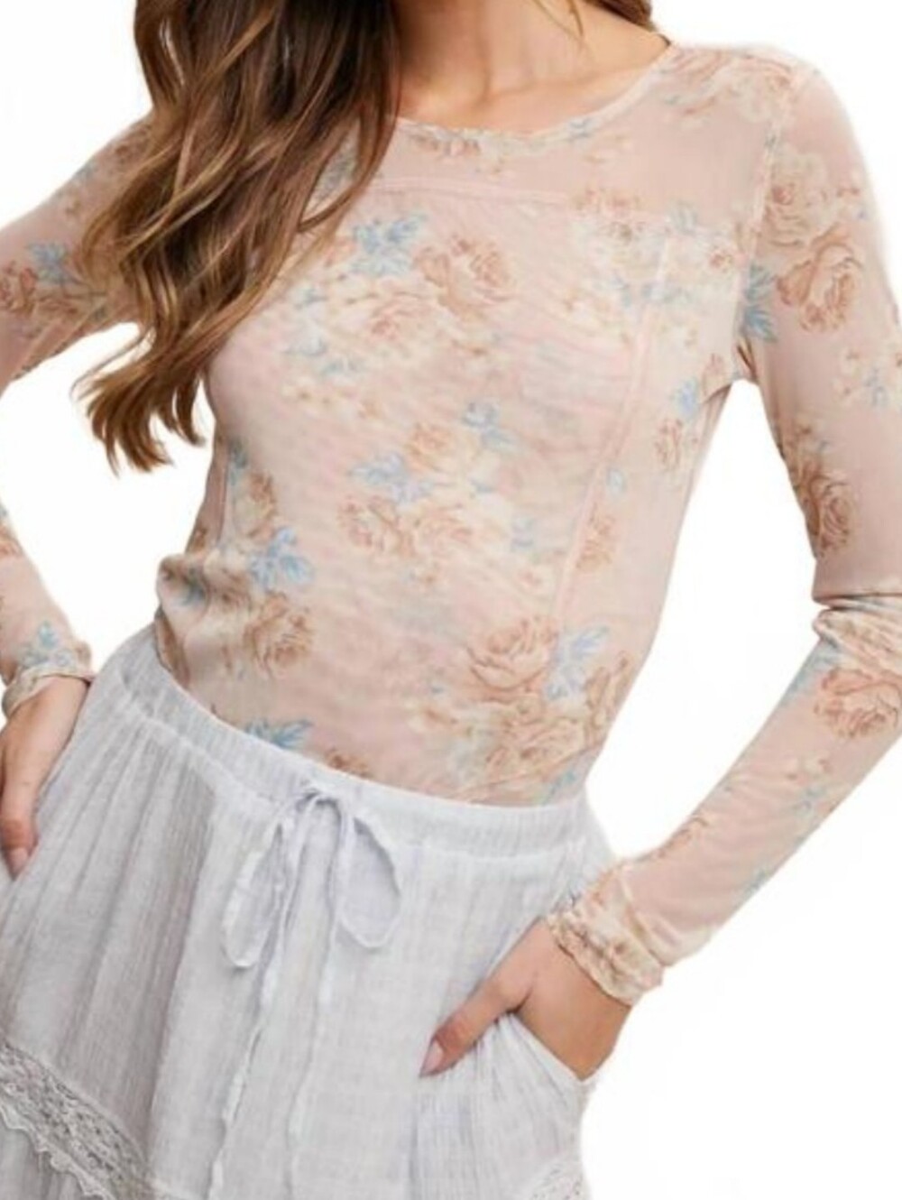 Floral Sheer Long-Sleeve Top - Blush, SZ XL, NWT